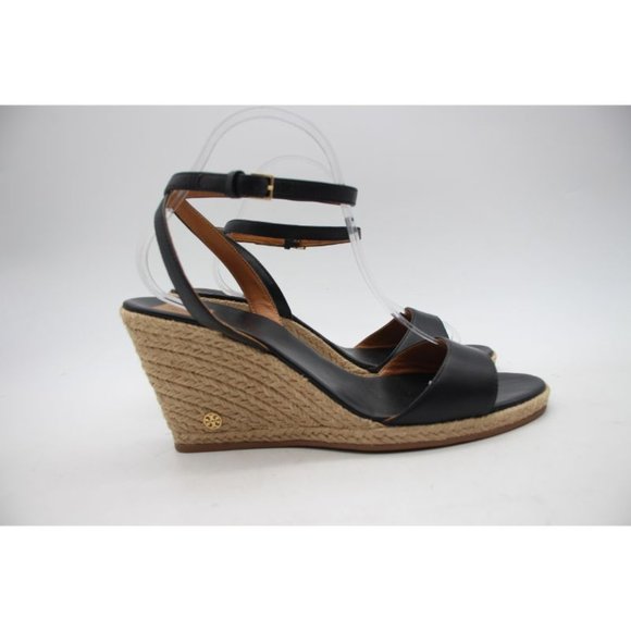 Tory Burch Black Marion Leather Espadrille Trim Quilted Wedge Sandals 9.5 M - Picture 8 of 12